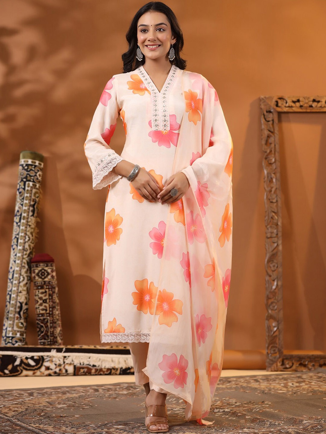 

FASHOR Peach Floral Printed Regular Sequinned Straight Kurta With Trousers & Dupatta