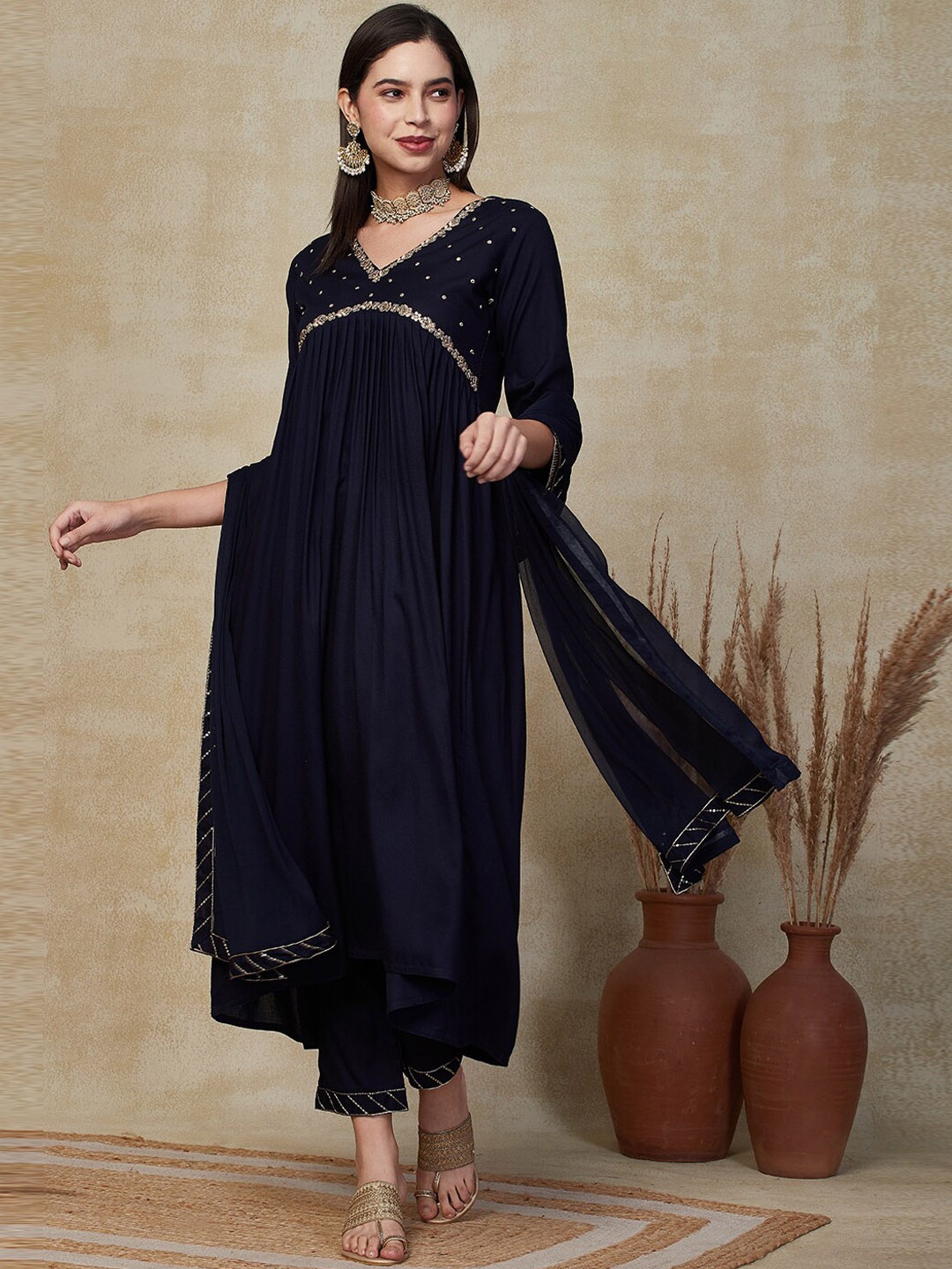 

FASHOR Ethnic Motifs Embroidered Pleated Sequinned Kurta With Trousers & Dupatta, Blue