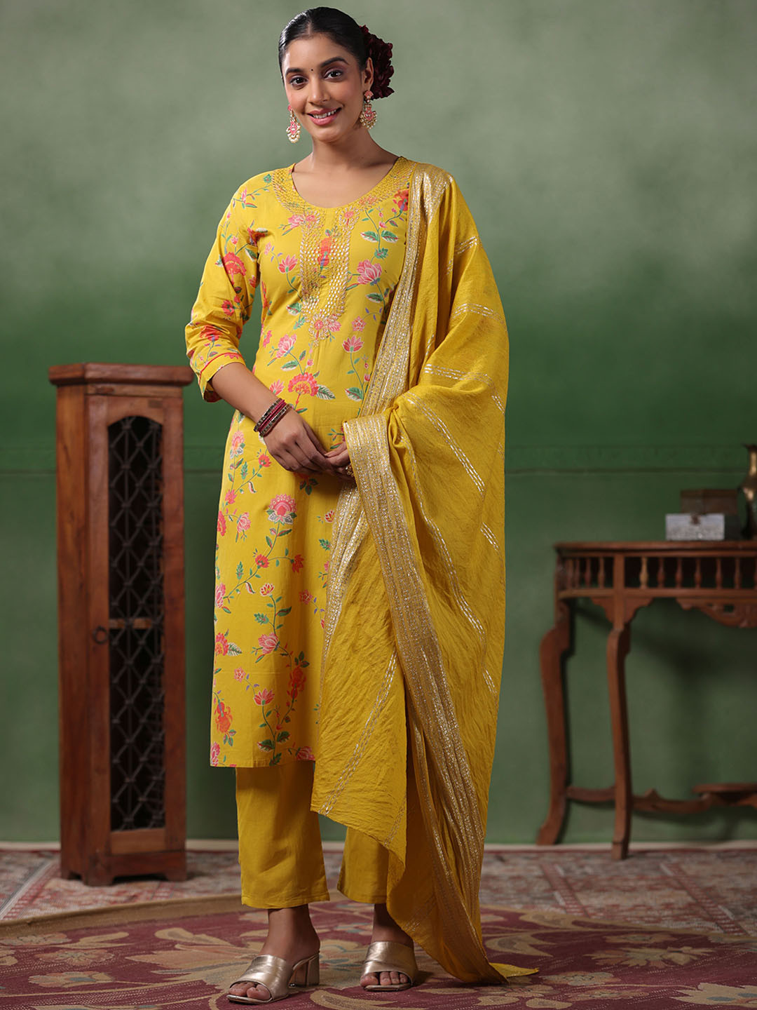 

FASHOR Yellow Floral Printed Zari Pure Cotton Kurta With Trouser & Dupatta