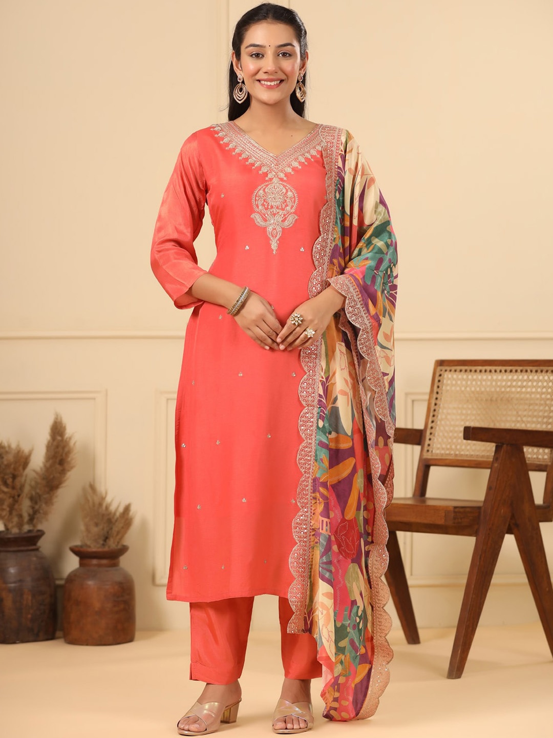 

FASHOR Peach Floral Sequinned Embroidered Straight Kurta With Trouser & Dupatta