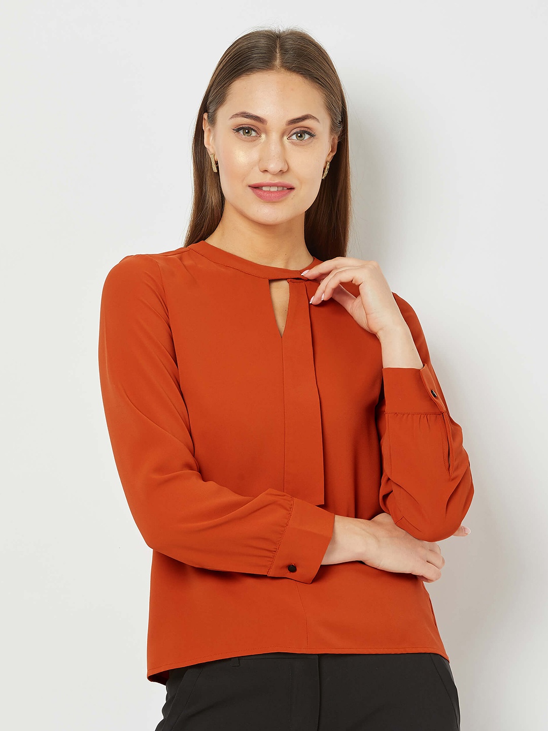 

SALT ATTIRE Kurin Tie Up Neck Cuffed Sleeves Top, Rust