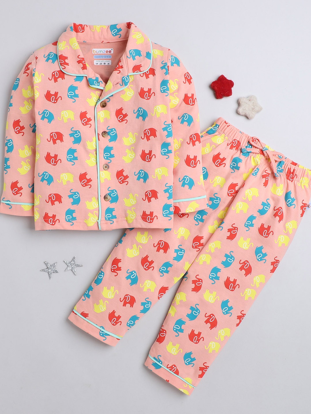 

BUMZEE Boys Conversational Printed Pure Cotton Shirt With Pyjamas, Peach