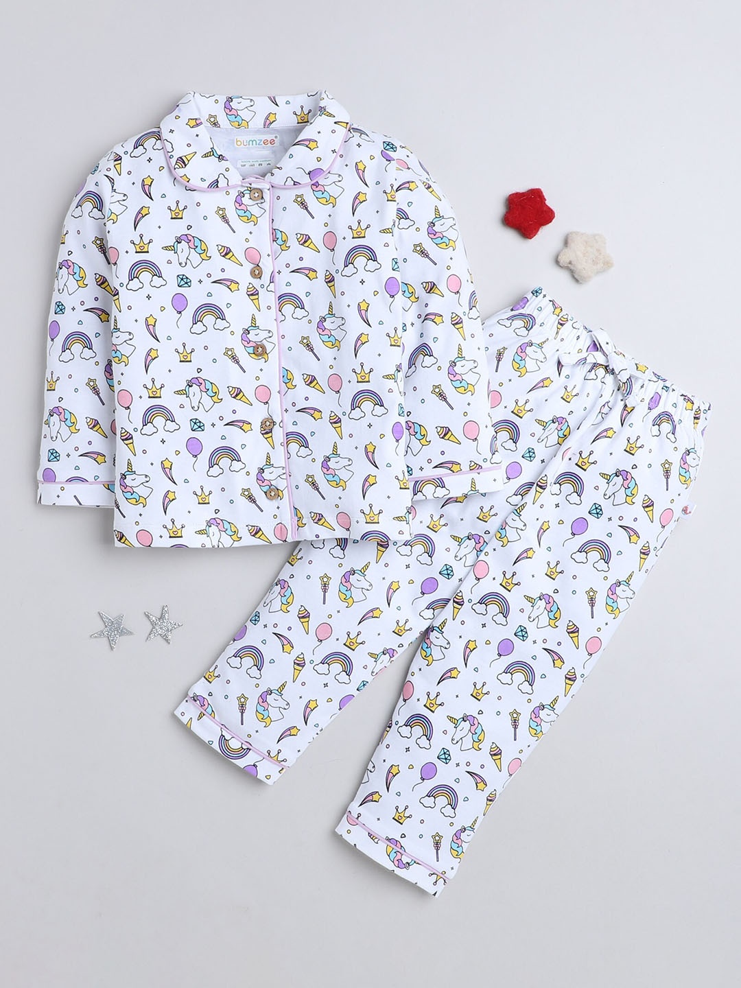 

BUMZEE Girls Conversational Printed Pure Cotton Shirt With Pyjamas, White