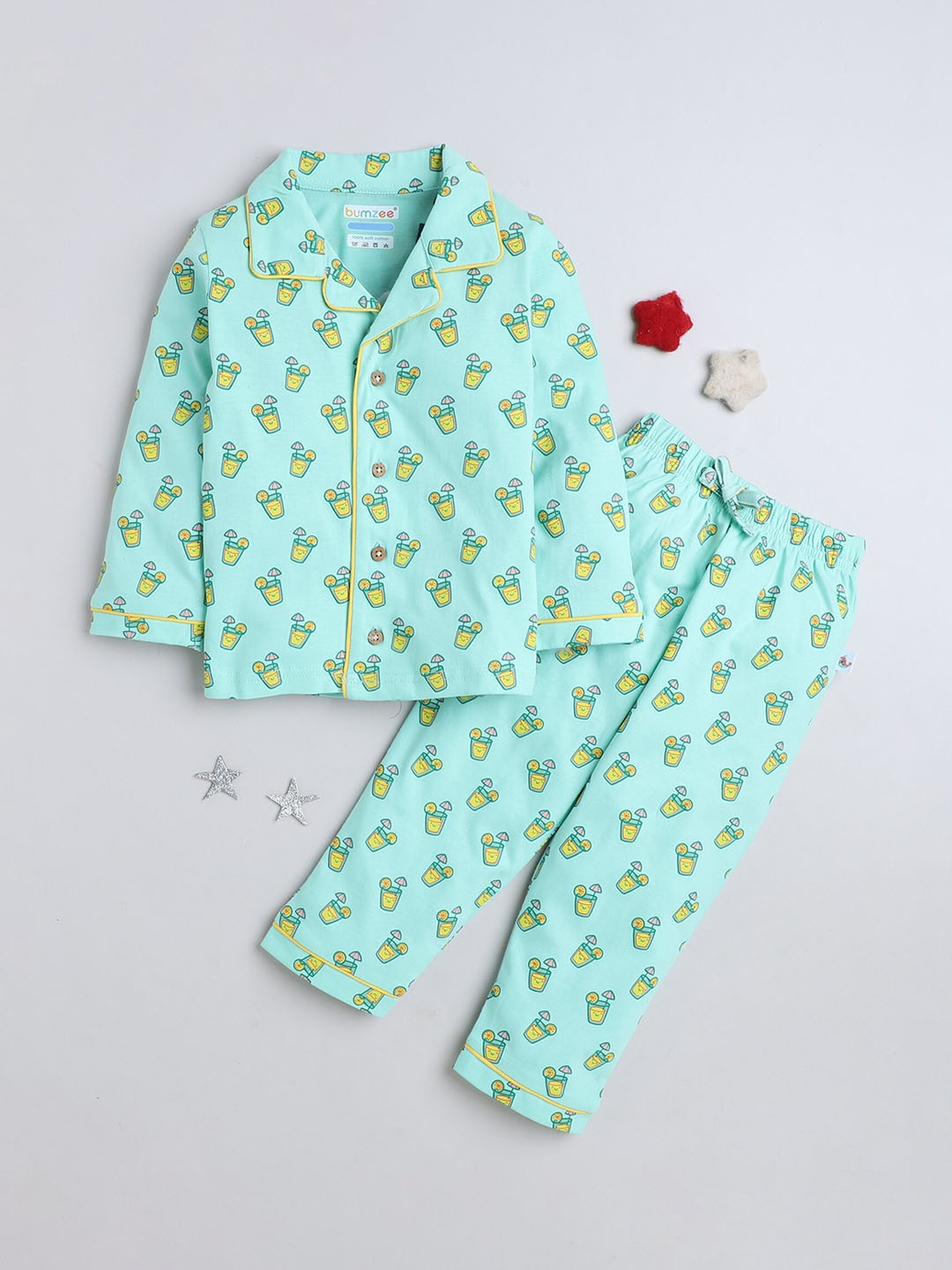 

BUMZEE Boys Conversational Printed Pure Cotton Shirt With Pyjamas, Green