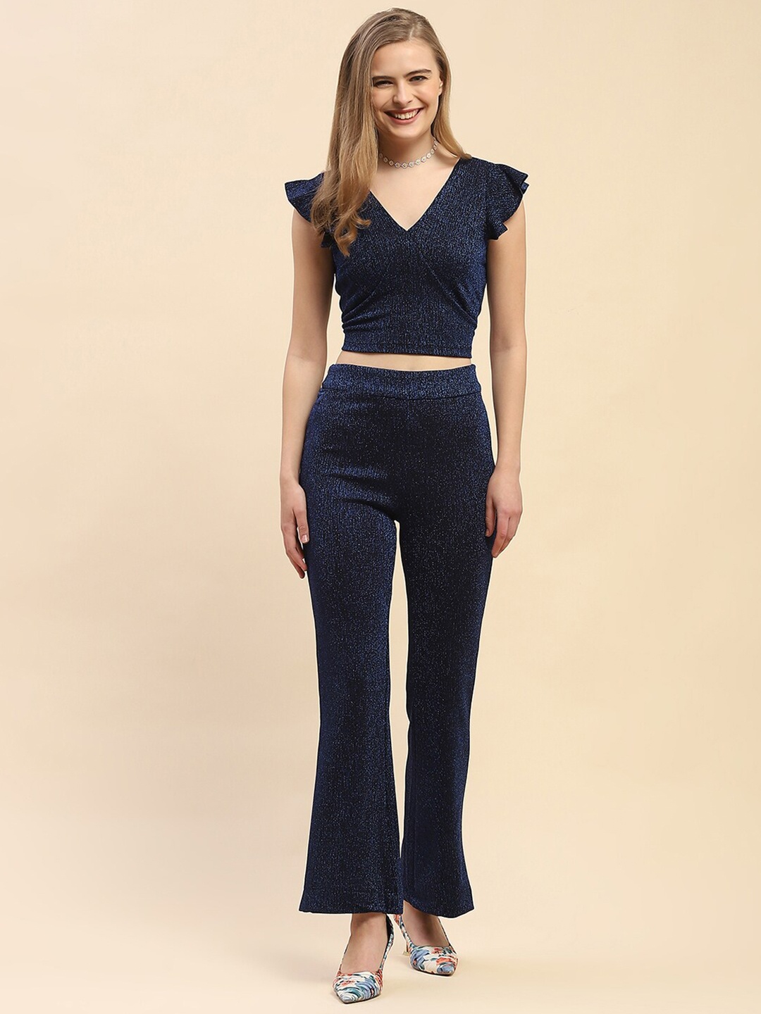 

CAMLA Self Design Crop Top With Trousers Co-Ords Set, Blue