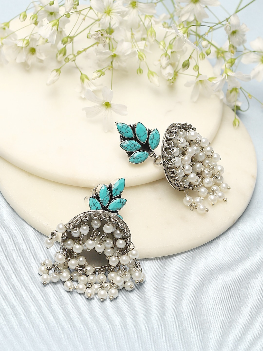 

Biba Silver-Plated Contemporary Jhumkas, Turquoise blue