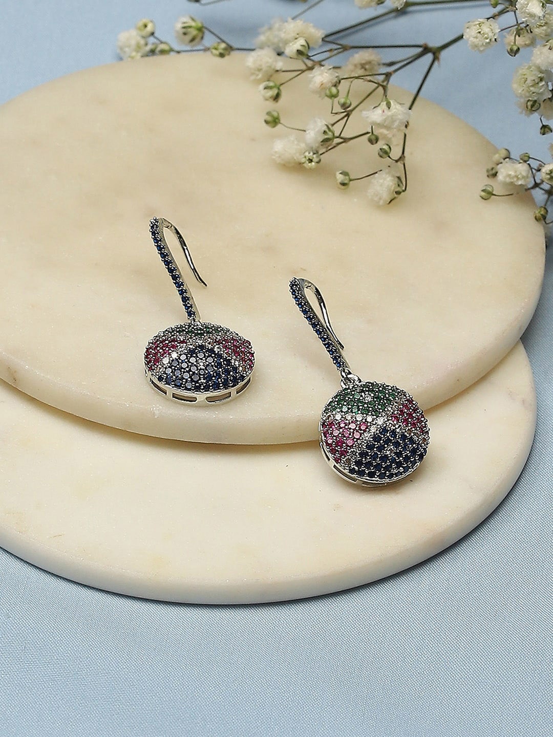 

Biba Silver-Plated Artificial Stones Studded Contemporary Drop Earrings