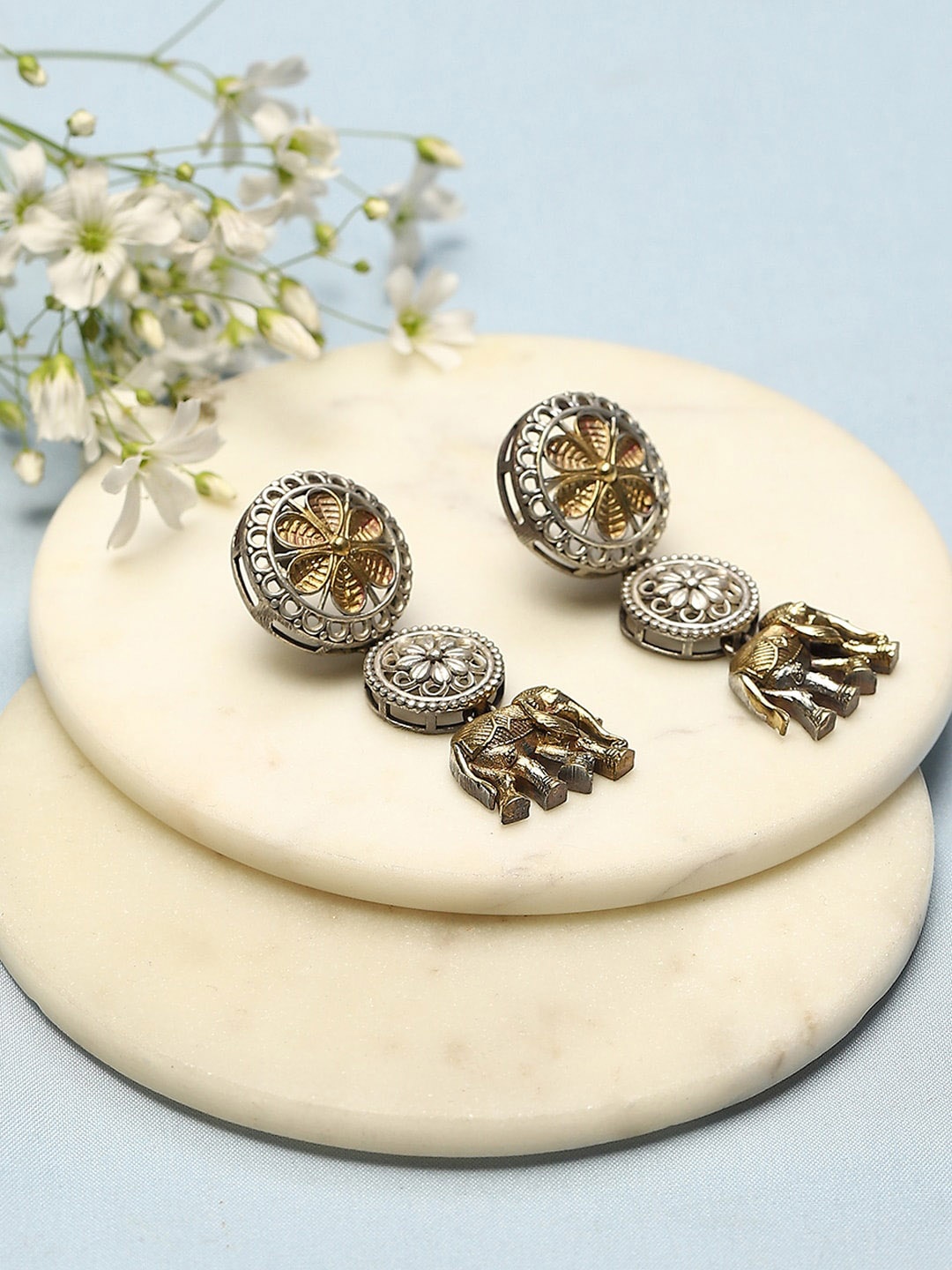 

Biba Silver-Plated Artificial Stones Studded Contemporary Studs Earrings, Gold