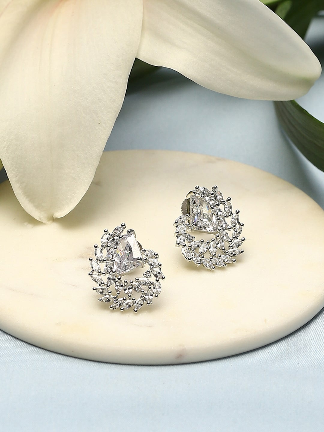 

Biba Silver-Plated Artificial Stones Studded Contemporary Studs Earrings, White