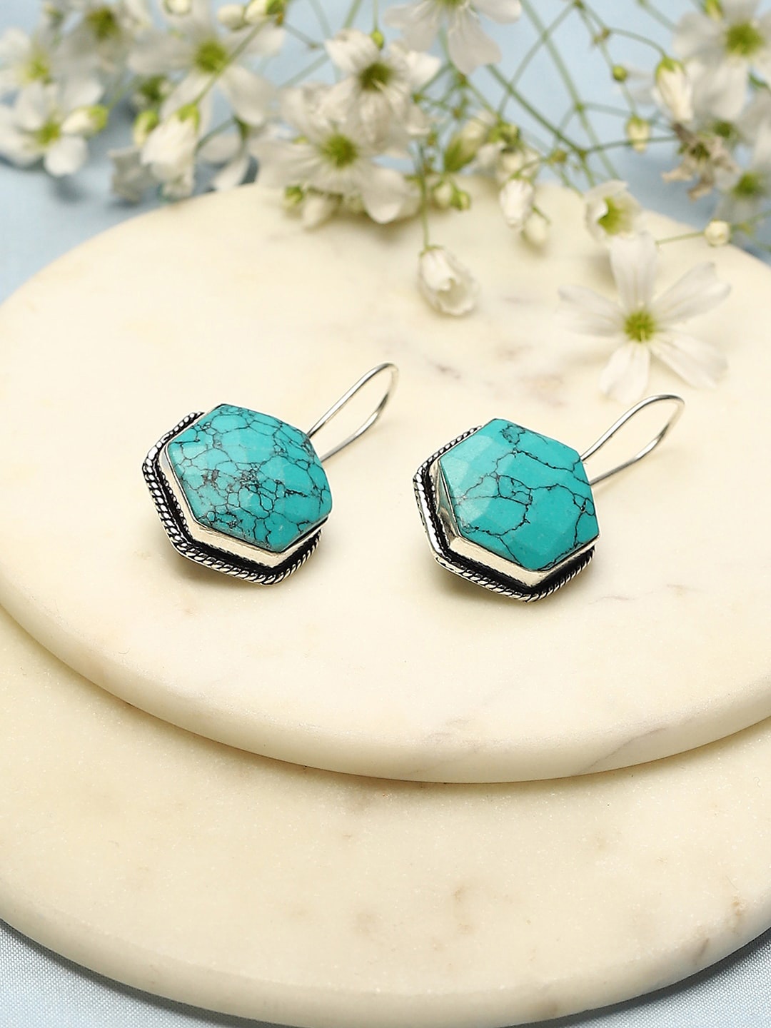 

Biba Silver-Plated Artificial Stones Studded Contemporary Drop Earrings, Turquoise blue