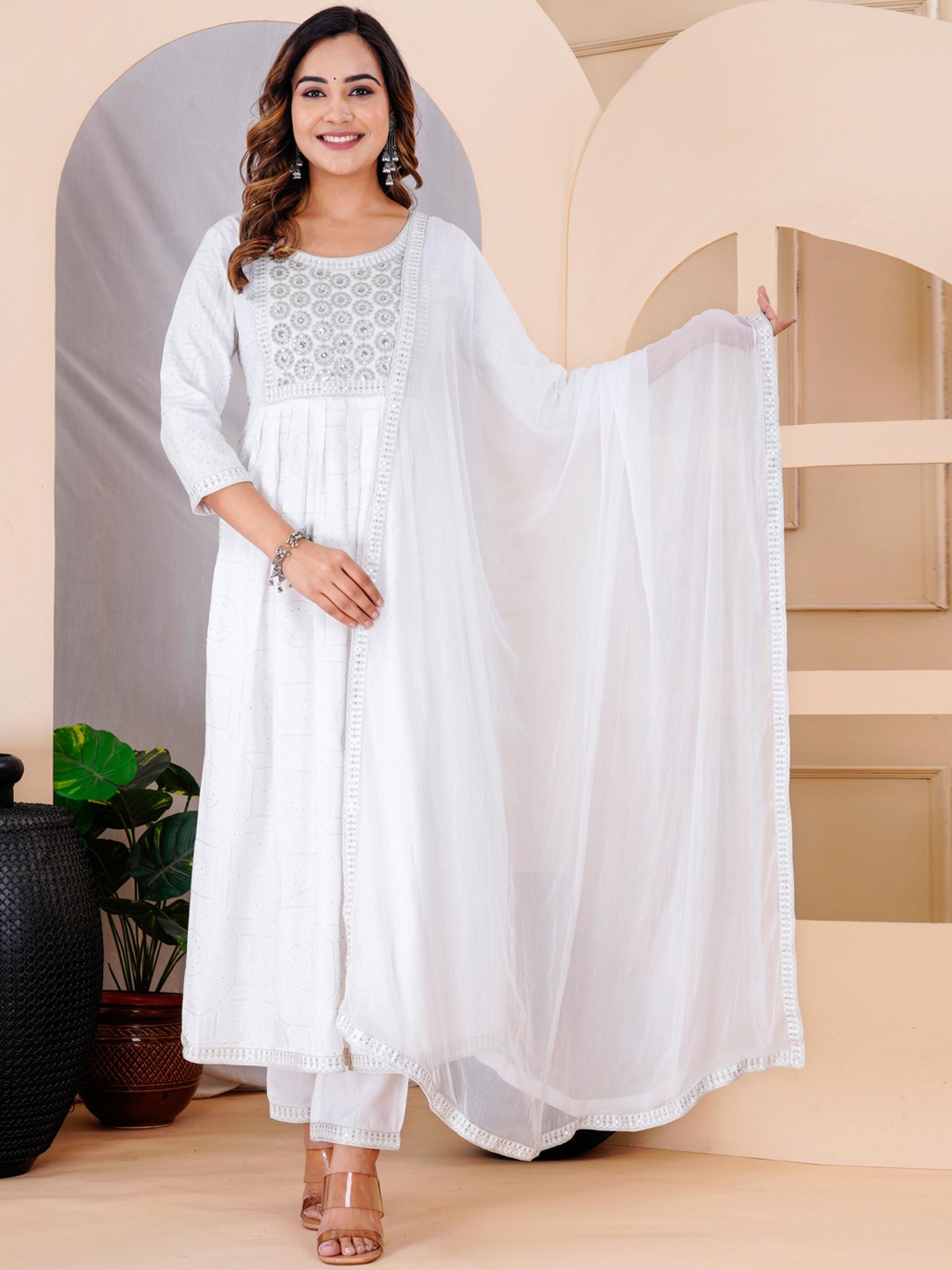 

KALINI Bandhani Printed High Slit Sequined Anarkali Kurta with Trousers & Dupatta, White