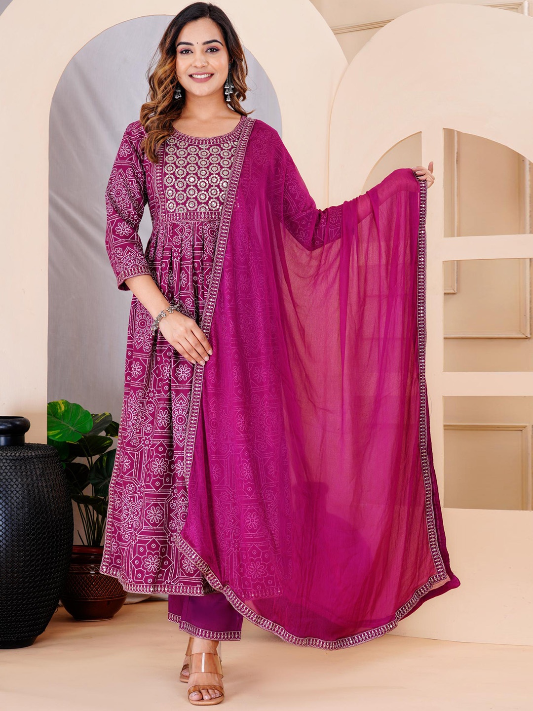 

KALINI Bandhani Embroidered High Slit Zardozi Anarkali Kurta With Palazzos & Dupatta, Burgundy