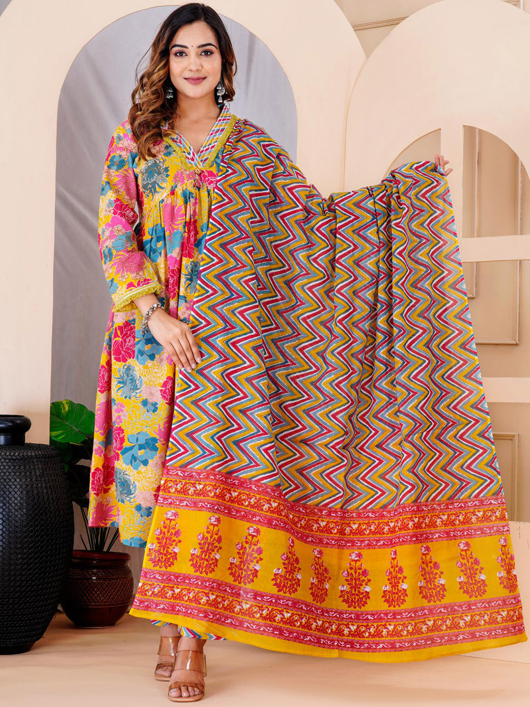 

KALINI Floral Printed High Slit Pure Cotton Anarkali Kurta With Trousers & Dupatta, Yellow