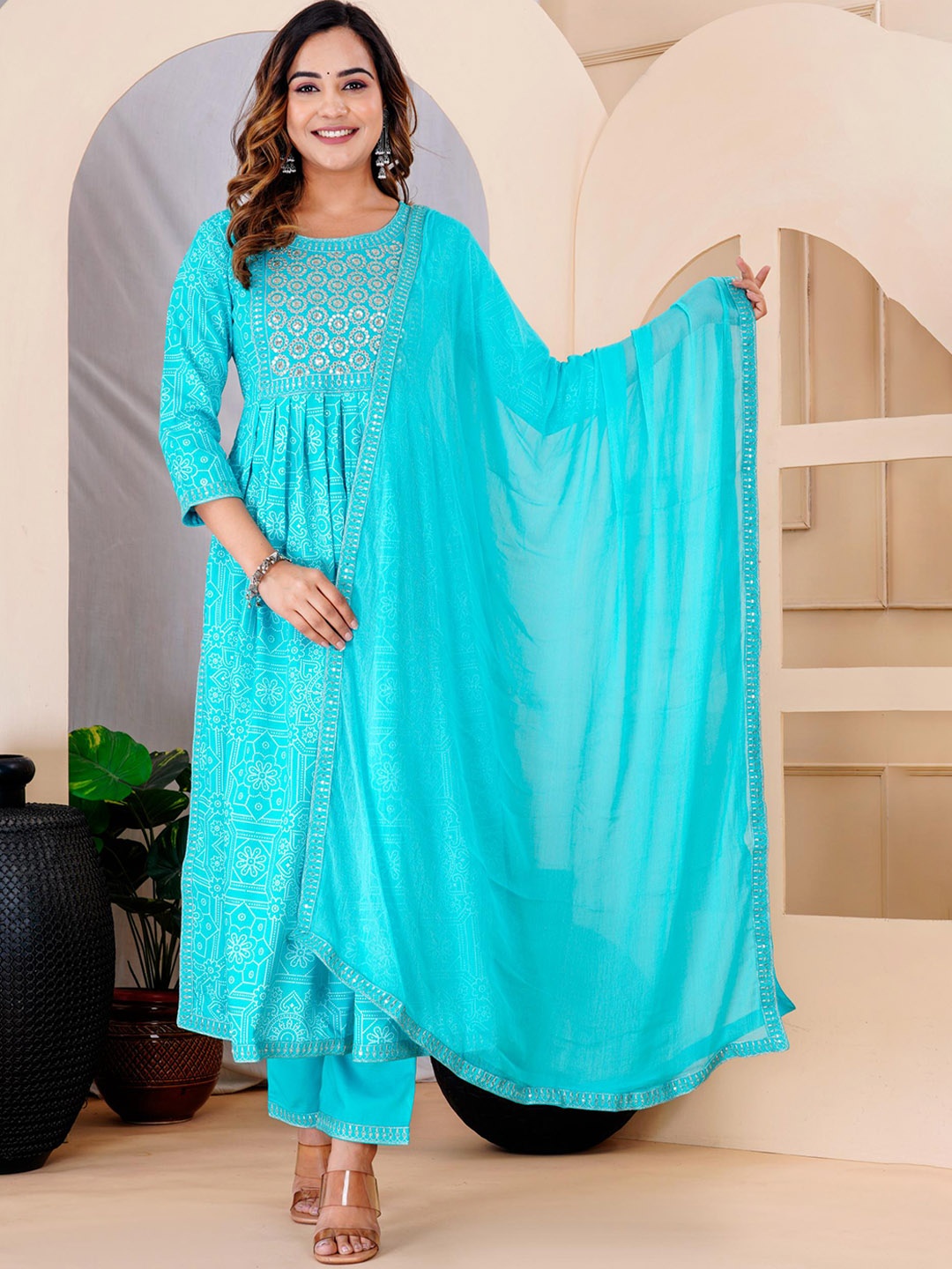 

KALINI Bandhani Printed High Slit Thread Work Anarkali Kurta With Trousers & Dupatta, Turquoise blue