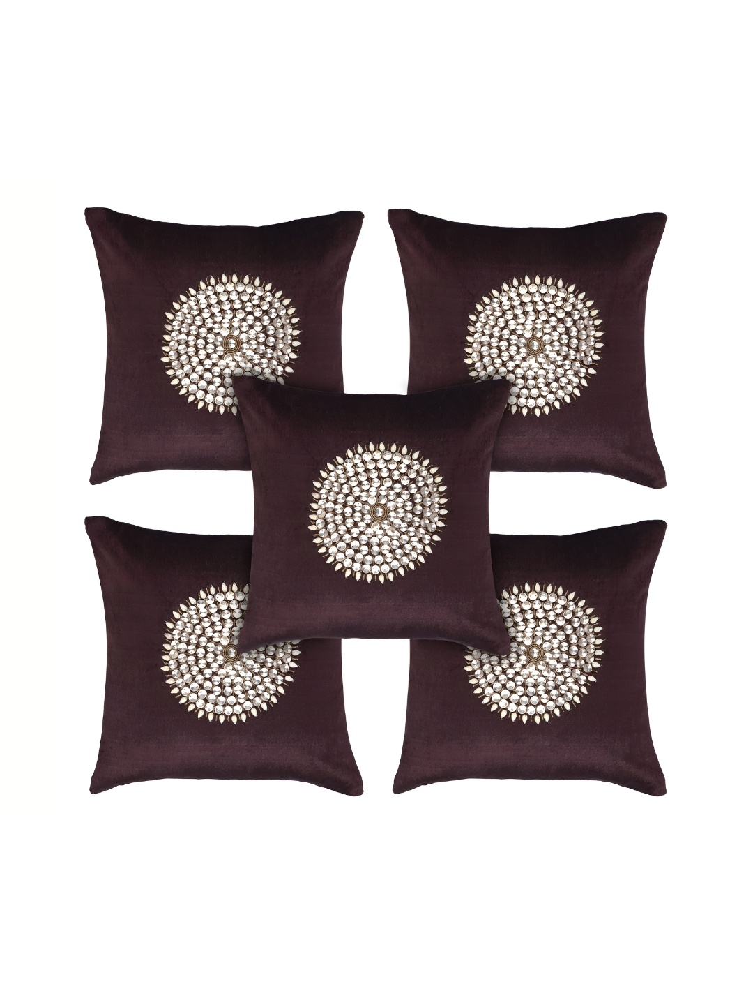 

MONKDECOR Brown & Silver-Toned 5 Pieces Embellished Velvet Square Cushion Covers