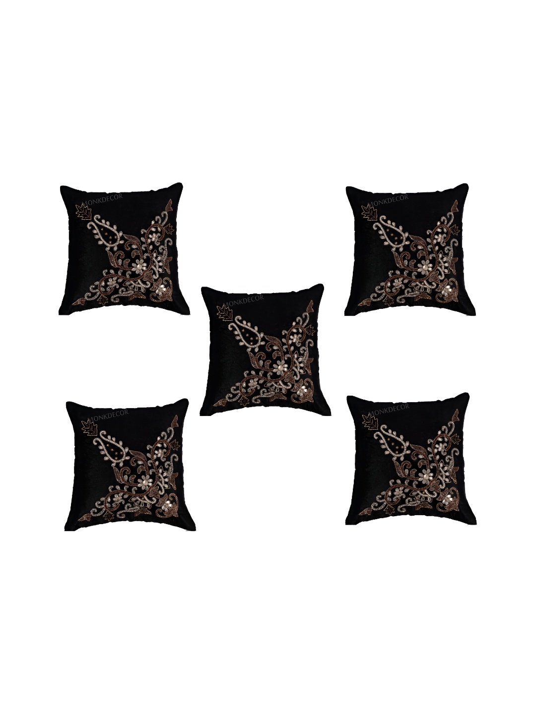 

MONKDECOR Black & Gold-Toned 5 Pieces Embellished Velvet Square Cushion Covers