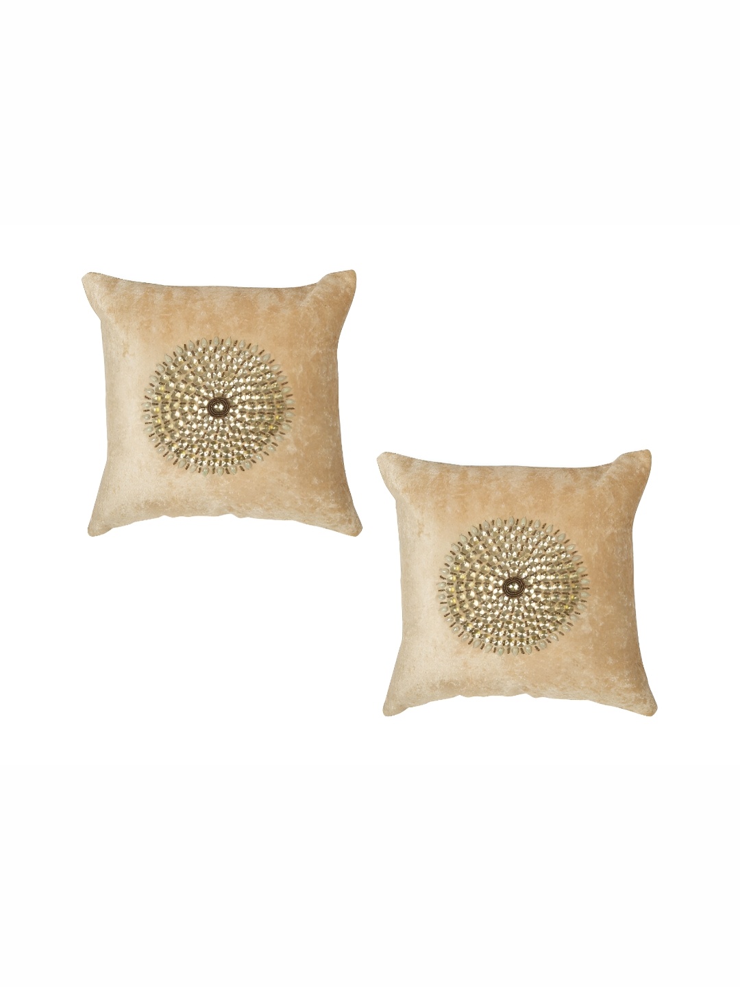 

MONKDECOR Beige & Gold-Toned 2 Pieces Embellished Velvet Square Cushion Covers