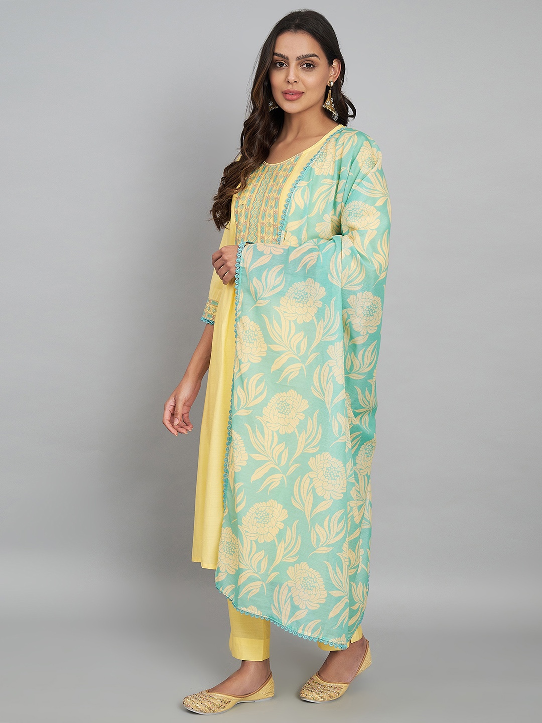 

Label Khoj Ethnic Motifs Embroidered Round Neck Sequinned Kurta with Trousers & Dupatta, Mustard