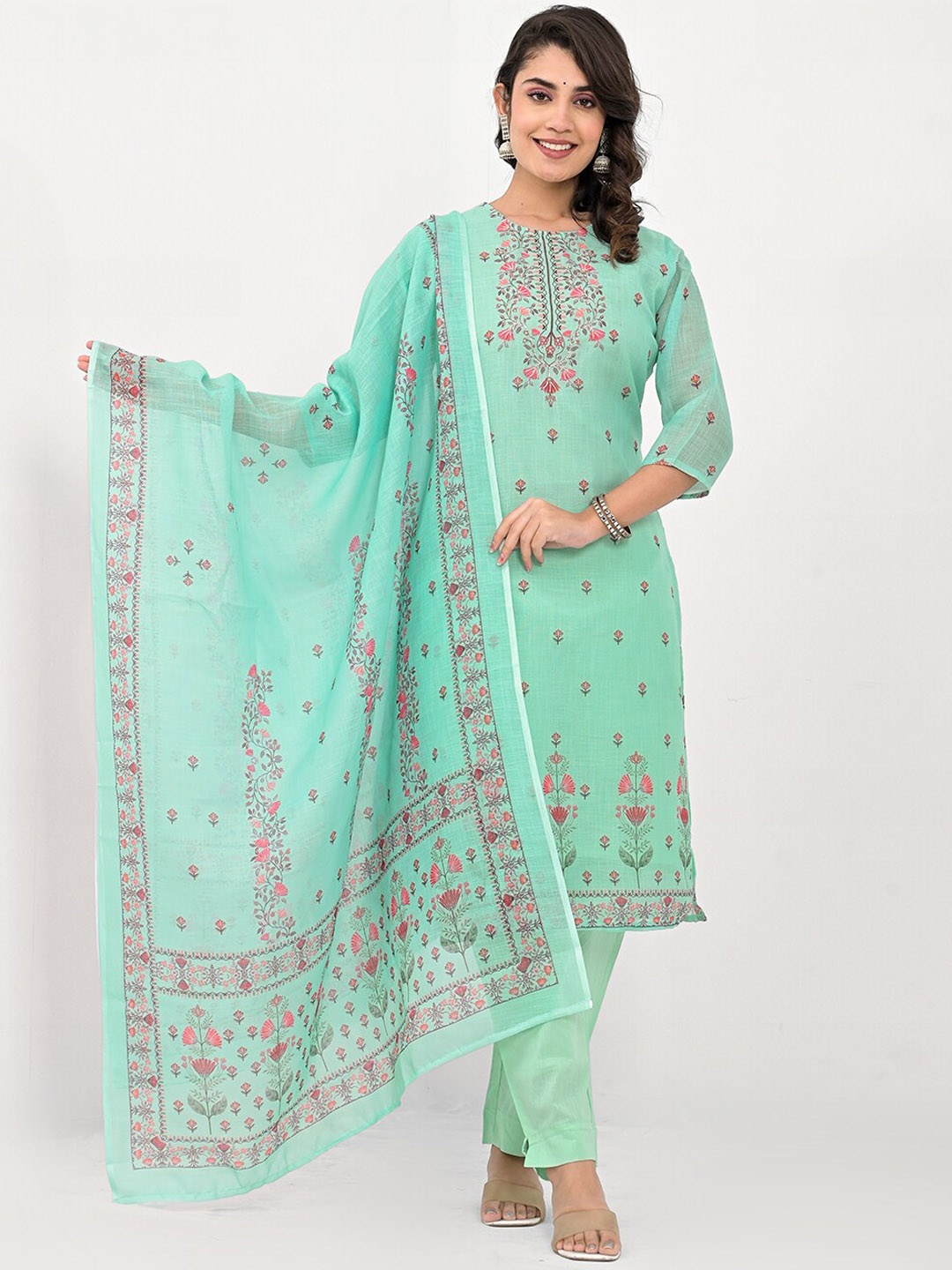 

Label Khoj Ethnic Motifs Printed Round Neck Linen Kurta with Trousers & Dupatta, Sea green