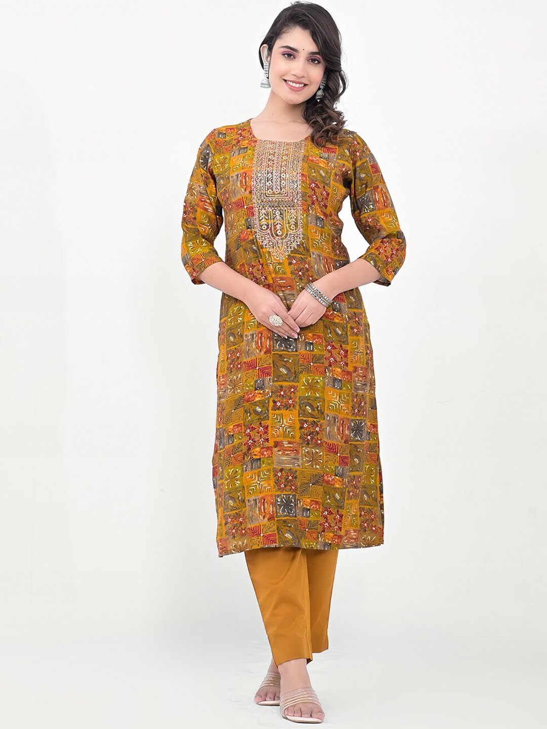 

Label Khoj Geometric Embroidered Round Neck Thread Work Kurta with Trousers & Dupatta, Yellow