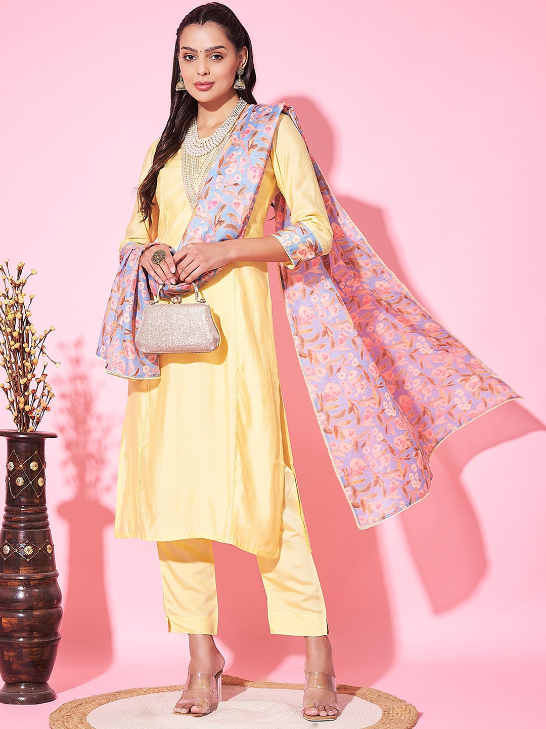 

Label Khoj Ethnic Motifs Yoke Design Thread Work Straight Kurta With Trousers & Dupatta, Yellow