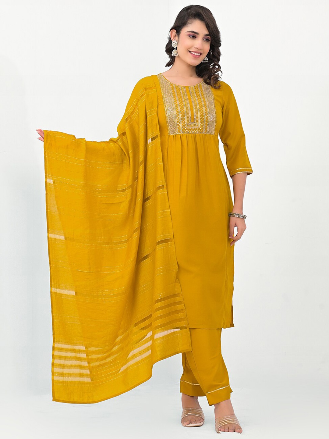 

Label Khoj Floral Yoke Design Pleated Sequinned A Line Kurta With Trousers & Dupatta, Mustard