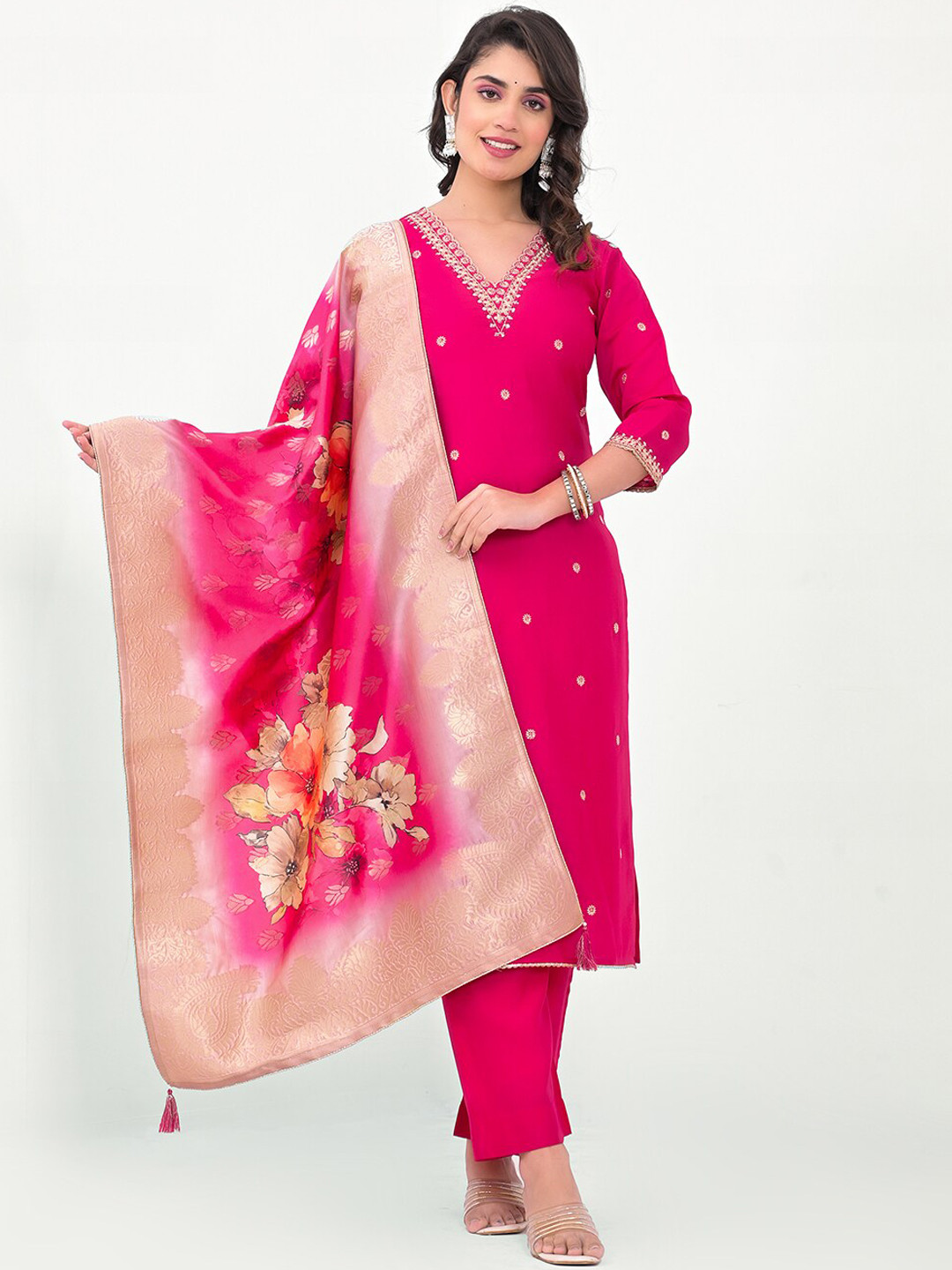 

Label Khoj Ethnic Motifs Embroidered Thread Work Straight Kurta With Trousers & Dupatta, Red