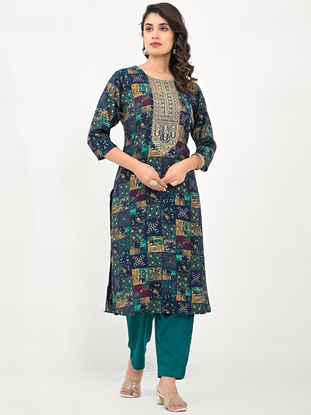 

Label Khoj Geometric Printed Thread Work Straight Kurta With Trousers & Dupatta, Teal