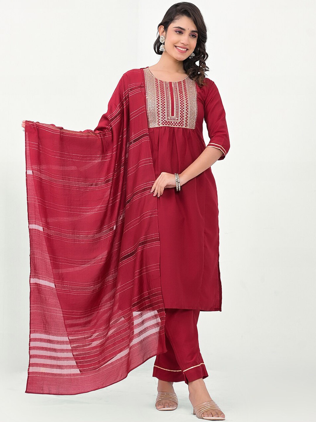 

Label Khoj Embroidered Regular Thread Work Kurta with Trousers & With Dupatta, Red