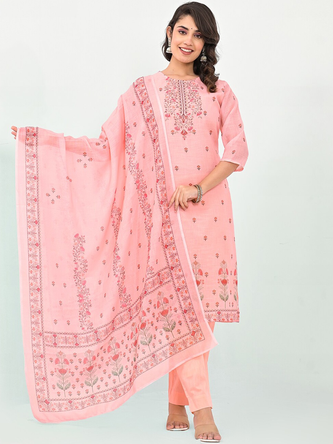 

Label Khoj Ethnic Motifs Printed Regular Thread Work Linen Kurta with Trousers & Dupatta, Peach