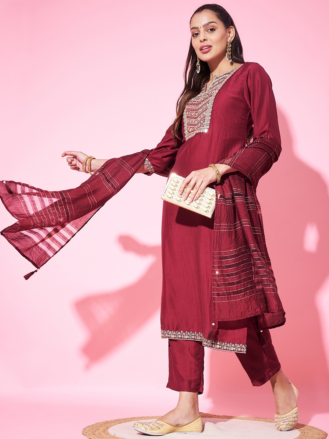 

Label Khoj Ethnic Motifs Embroidered Regular Thread Work Kurta with Trousers & Dupatta, Maroon