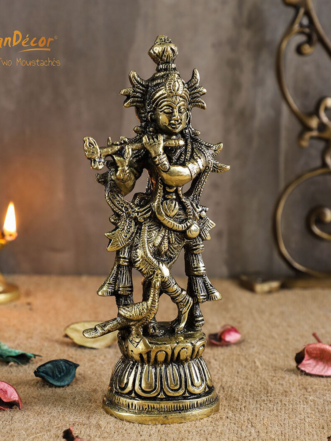 

Two Moustaches Brown Krishna Brass Medium Idol Showpiece