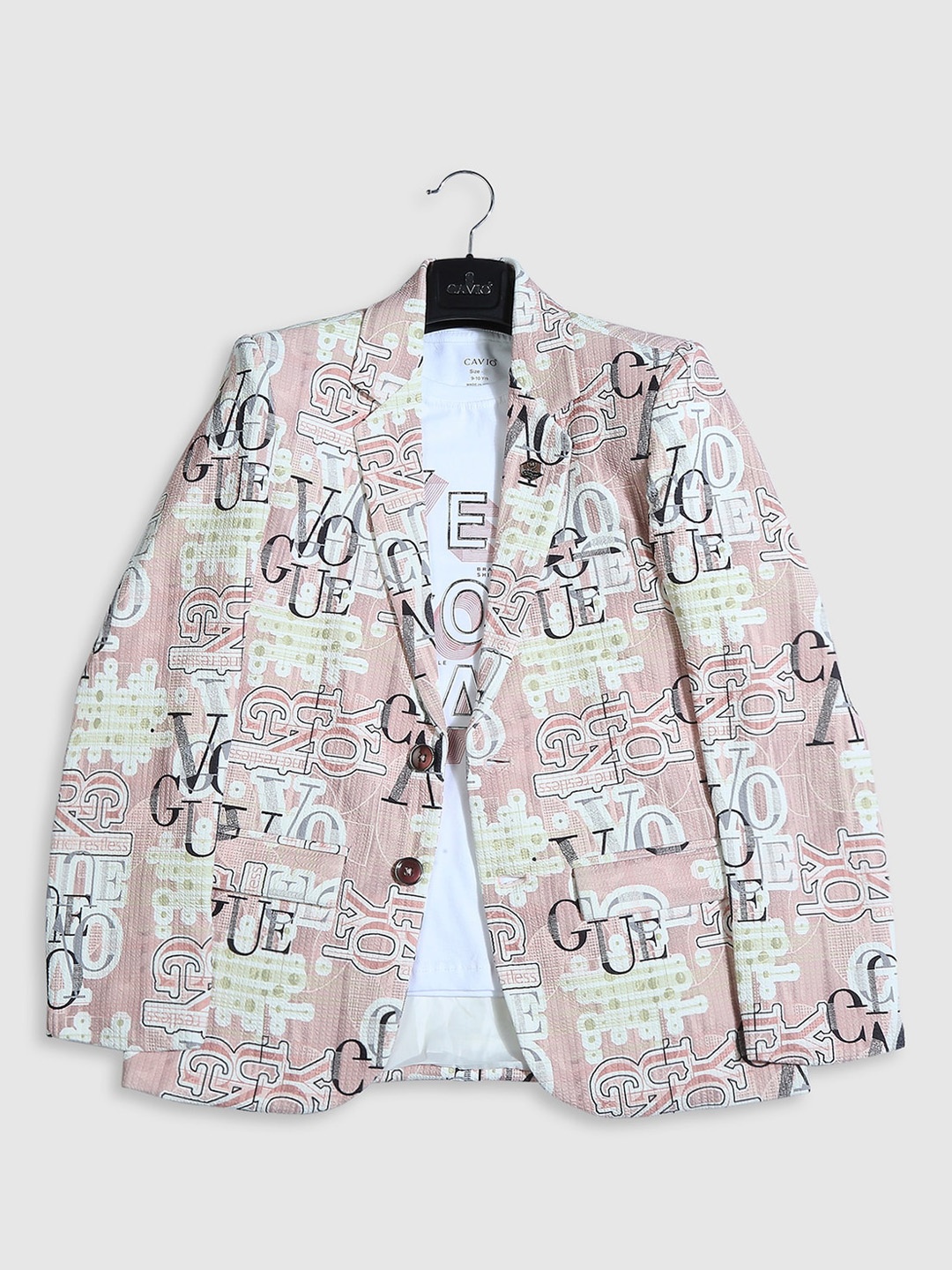 

CAVIO Boys Typographic Printed Pure Cotton Single-Breasted Blazer With Crew-Neck T-Shirt, Peach