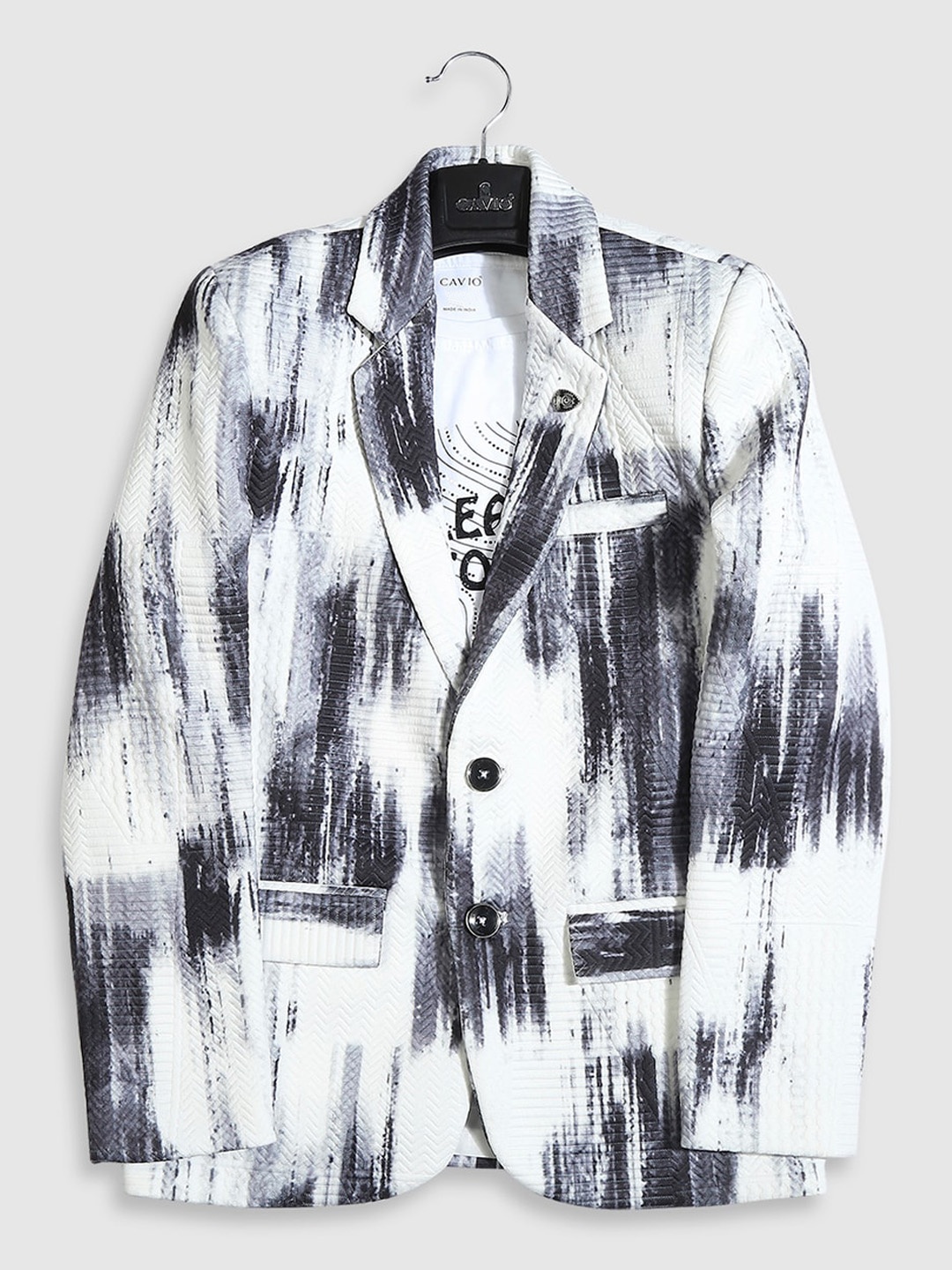 

CAVIO Boys Printed Pure Cotton Single-Breasted Blazer With Crew-Neck T-Shirt, White