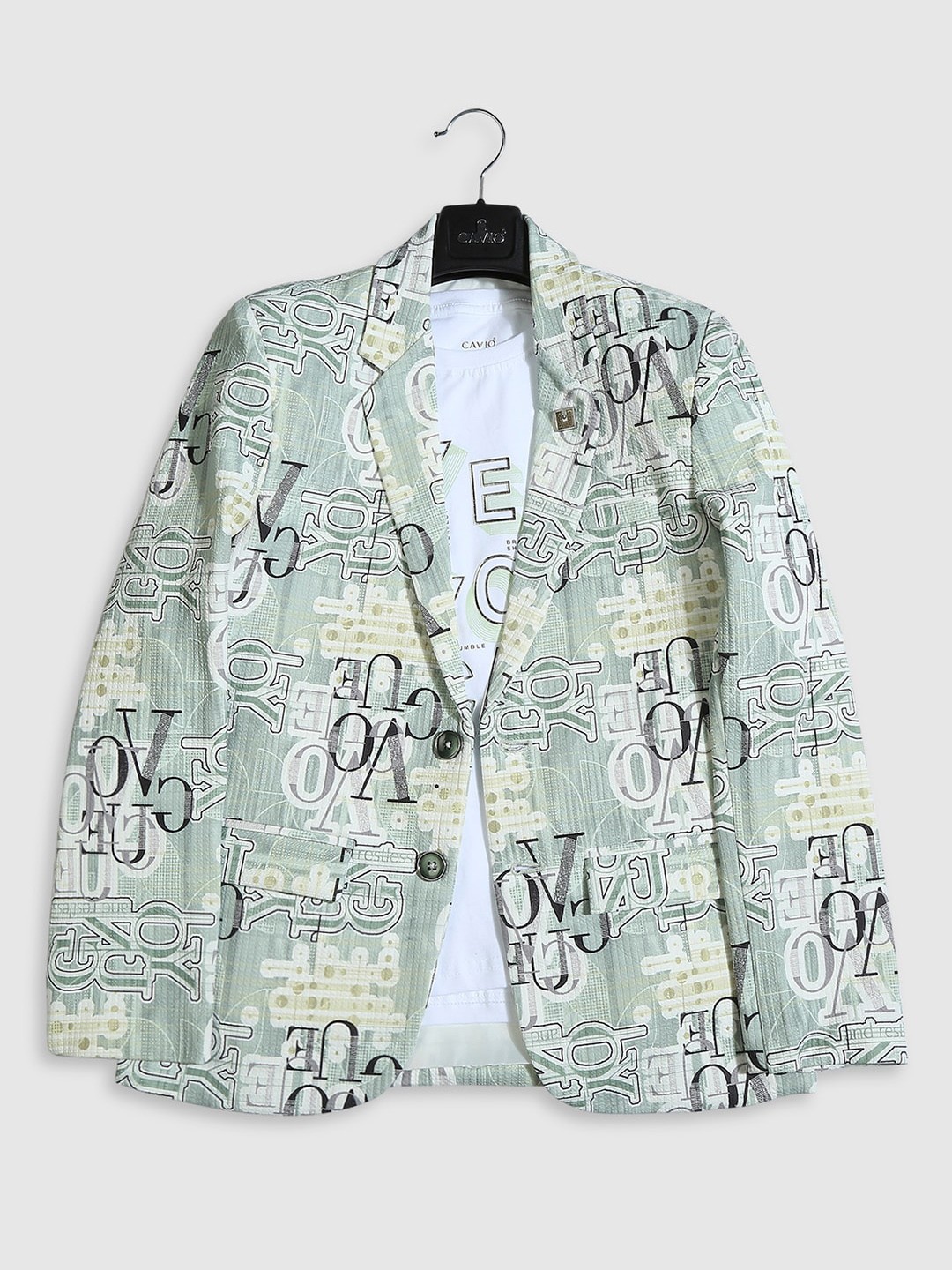 

CAVIO Boys Typographic-Printed Pure Cotton Single-Breasted Blazer With Crew-Neck T-Shirt, Green