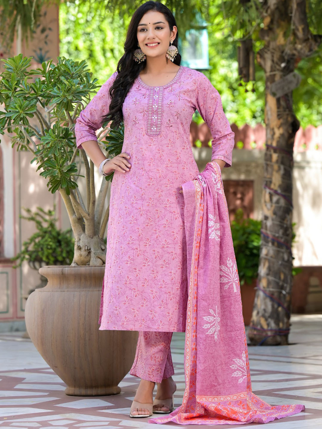 

Readiprint Floral Printed Pure Cotton Kurta with Trousers & With Dupatta, Mauve