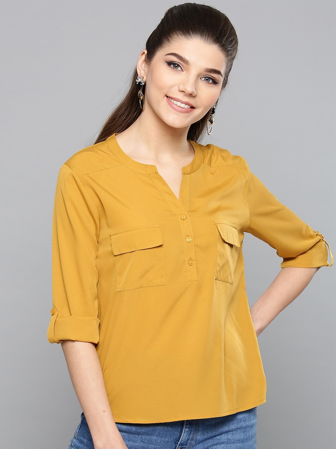 

Fab Star Mandarin Collar Roll-Up Sleeves Shirt Style Top, Yellow