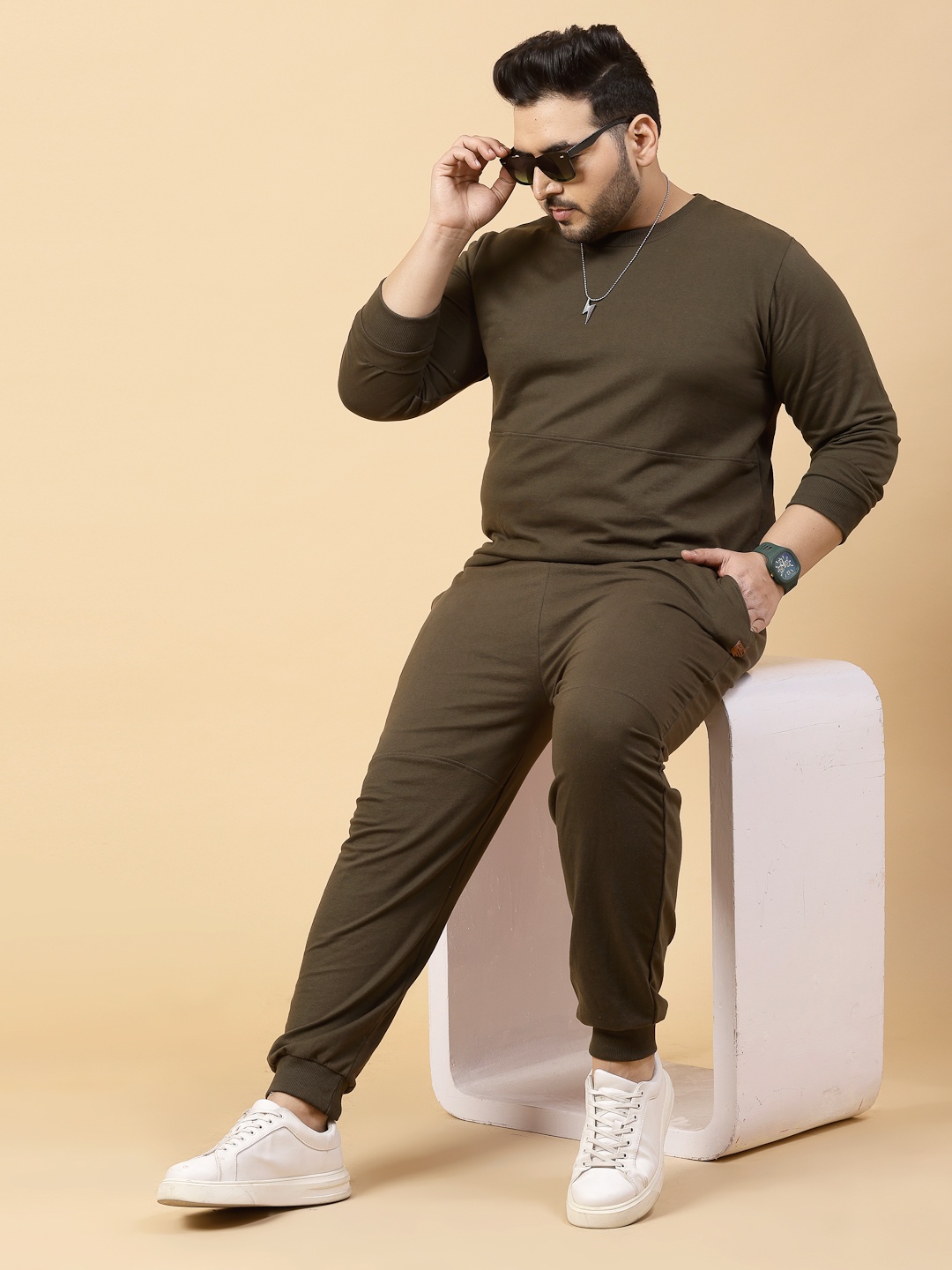

Rigo Plus Size Terry Cotton Tracksuit, Olive