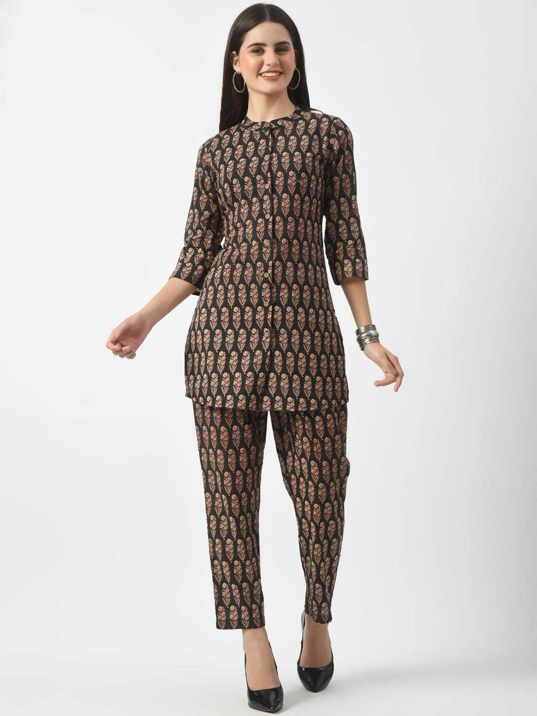 

KALINI Ethnic Motifs Printed Mandarin Collar Pure Cotton Shirt & Trouser, Black