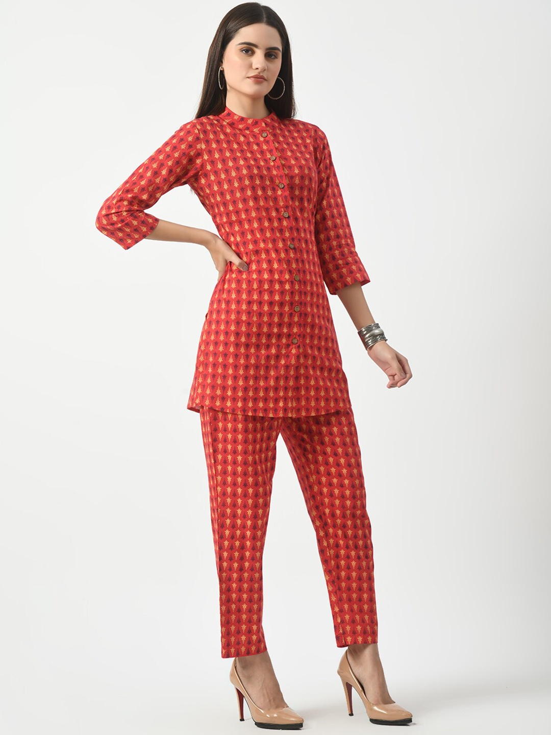 

KALINI Ethnic Motifs Printed Mandarin Collar Pure Cotton Shirt & Trouser, Red