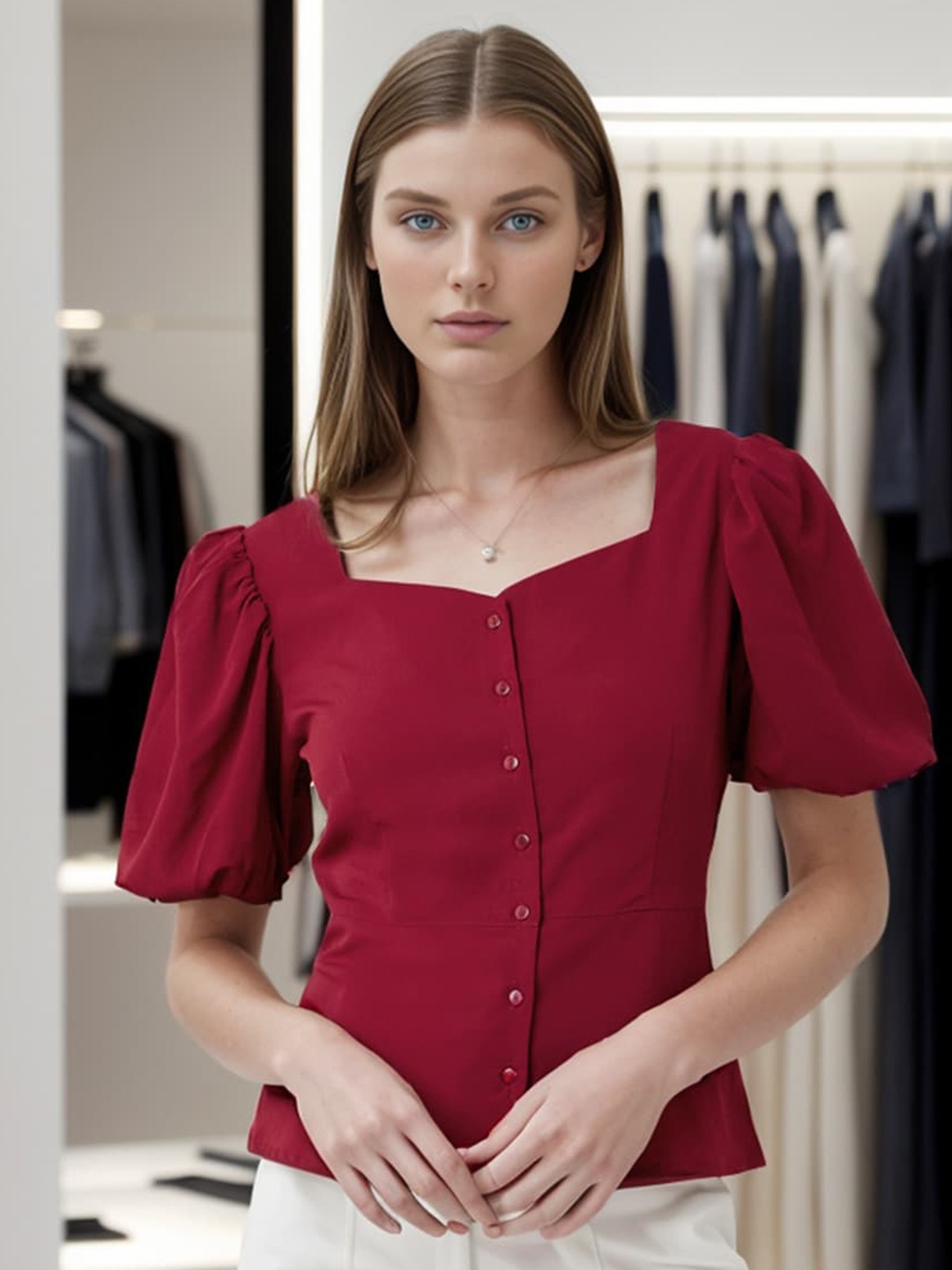 

RARE Sweetheart Neck Puff Sleeve Top, Maroon