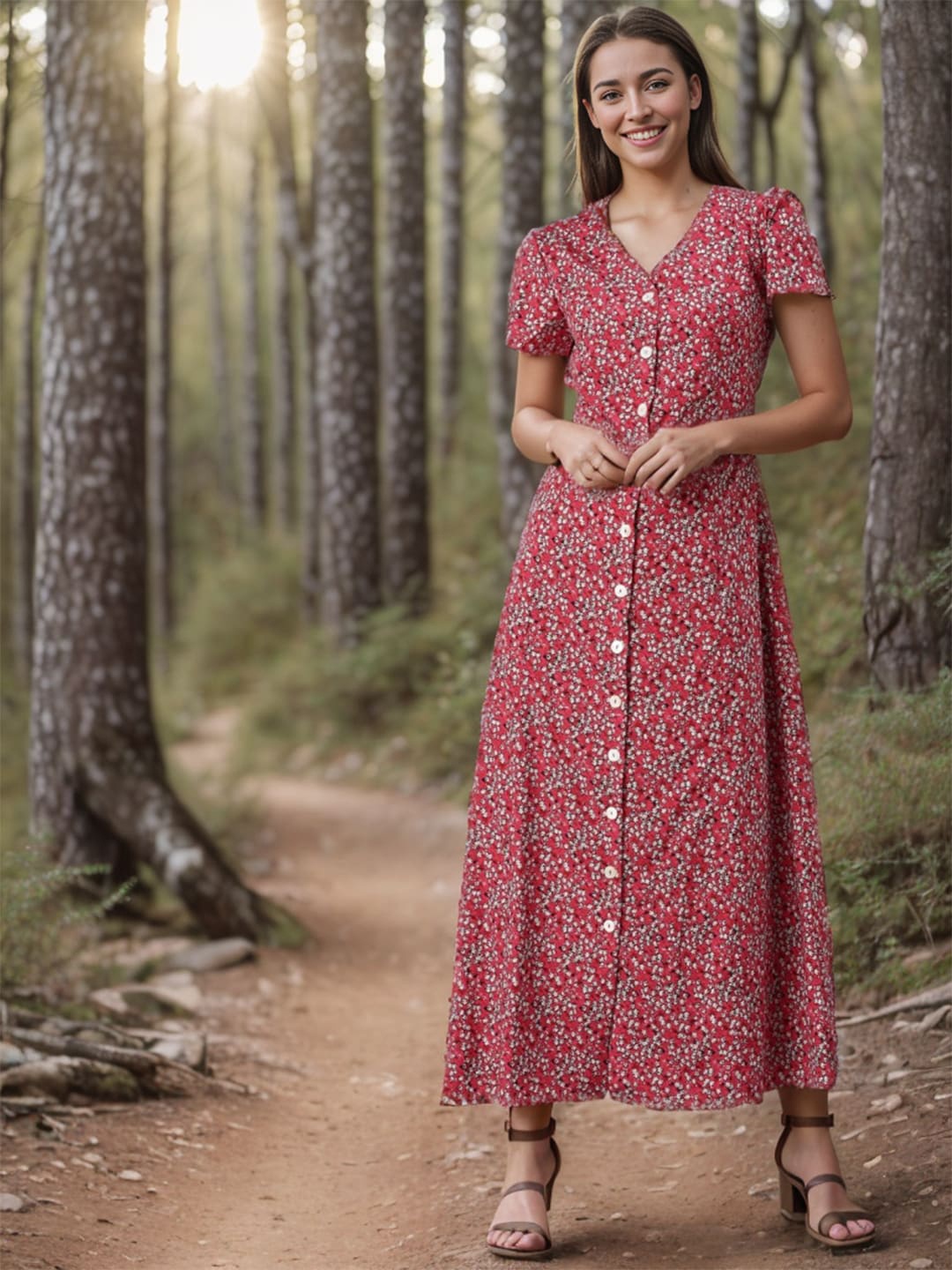 

RARE Red Floral Printed Straight V-Neck Maxi Dress