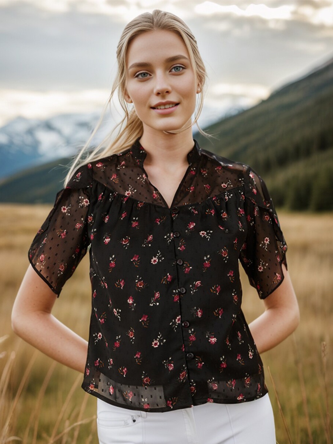 

RARE Floral Print Band Collar Georgette Top, Black