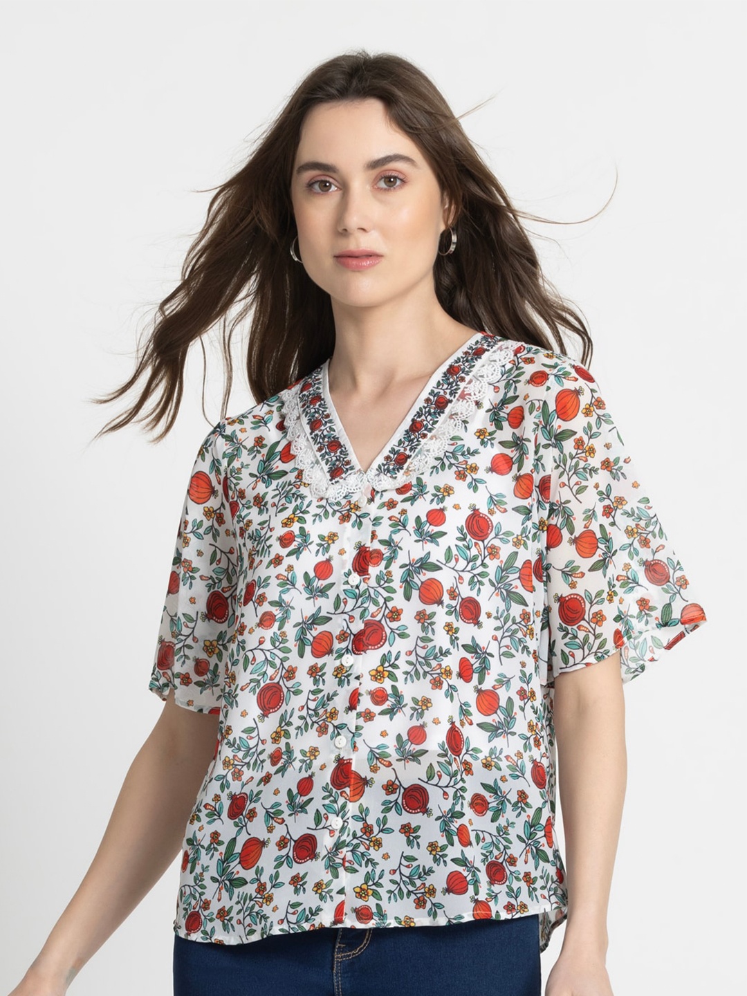 

SHAYE Floral Print Georgette Top, White