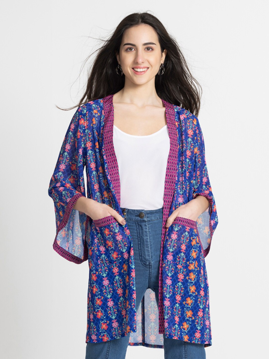 

SHAYE Women Printed Longline Shrug, Blue