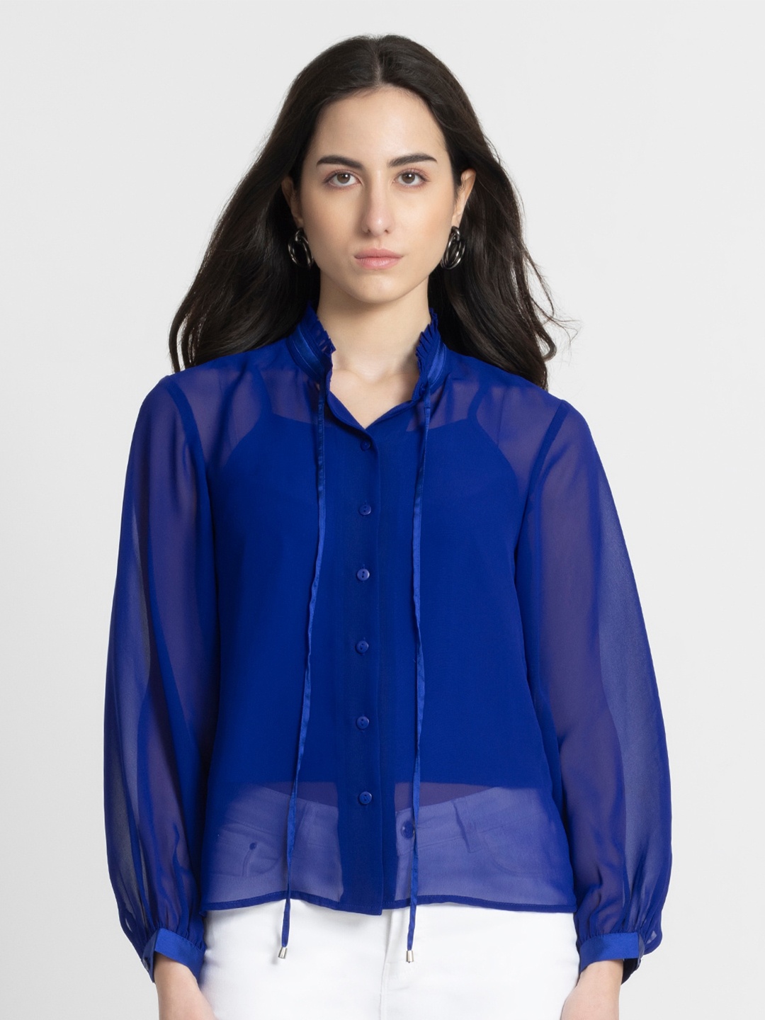 

SHAYE Mandarin Collar Georgette Shirt Style Top, Blue