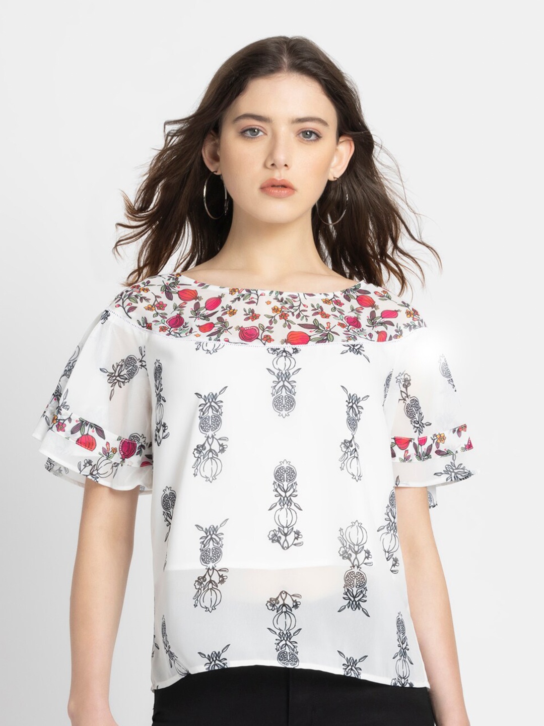 

SHAYE Floral Print Flared Sleeve Georgette Top, White