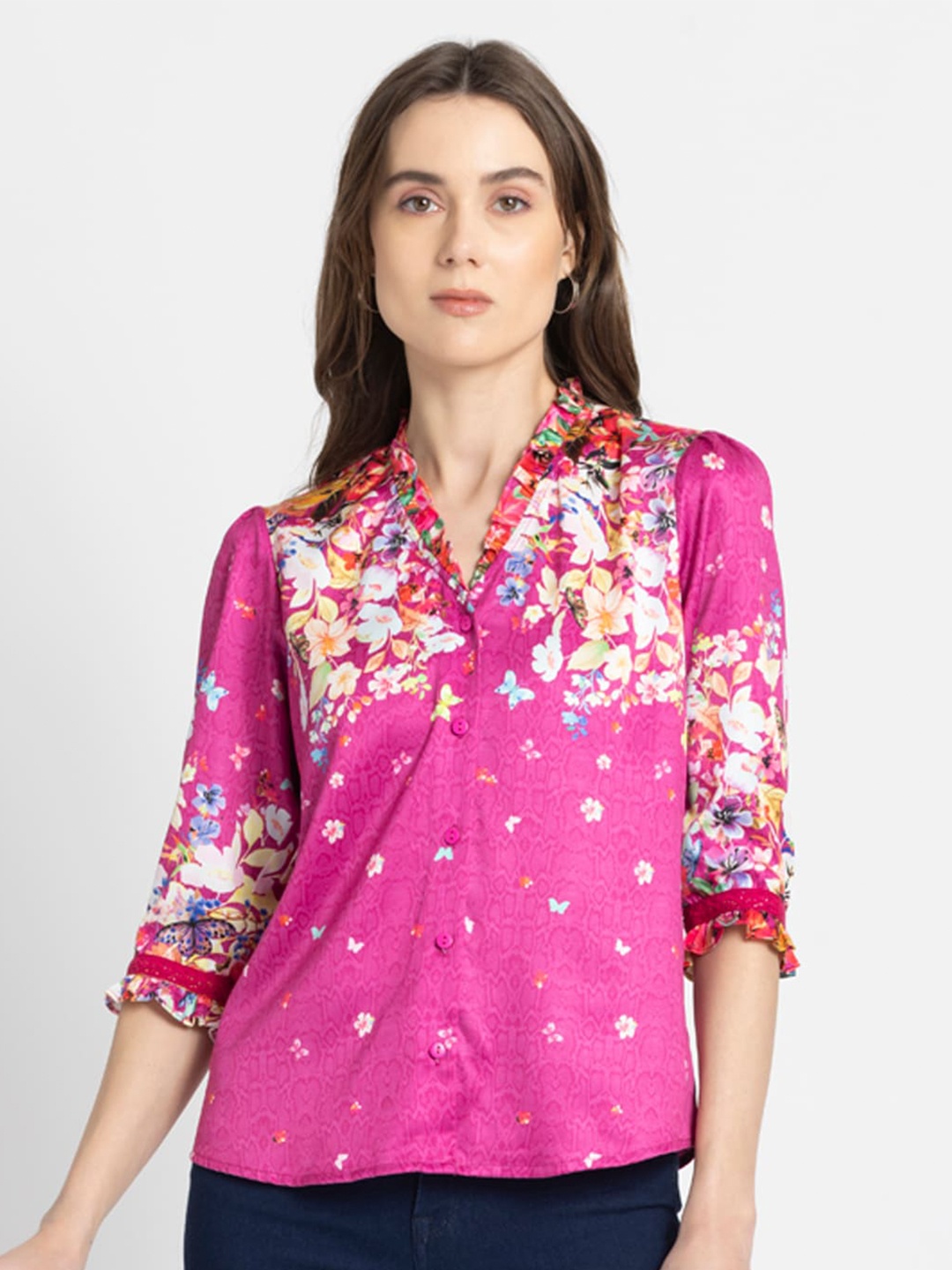 

SHAYE Floral Print Satin Shirt Style Top, Pink