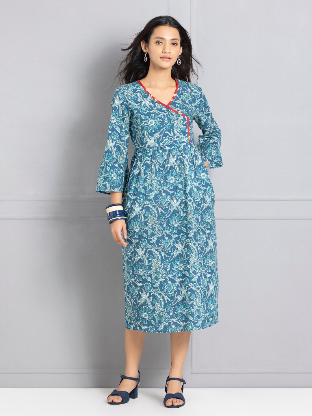 

SHAYE Floral Printed V-Neck Pure Cotton Fit and Flare Midi Ethnic Dress, Teal