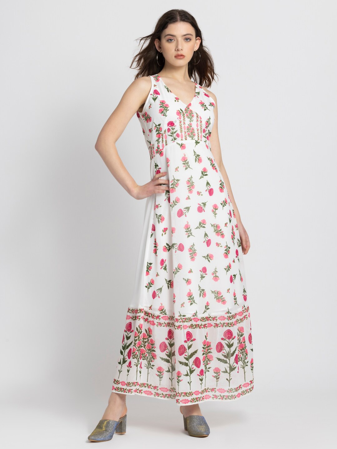 

SHAYE Floral Printed V-Neck Maxi Dress, White